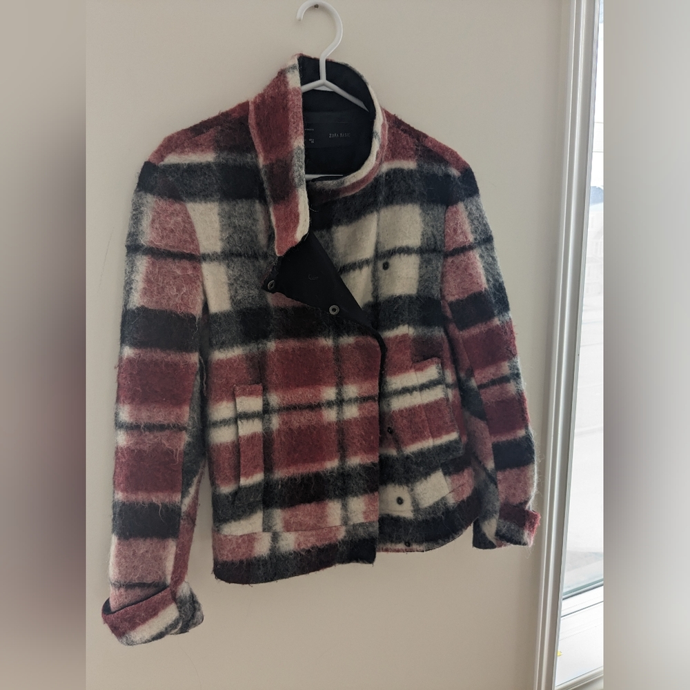 Zara Plaid Checked Wool Mohair Blend Coat Moto Jacket Black White Red Size S
